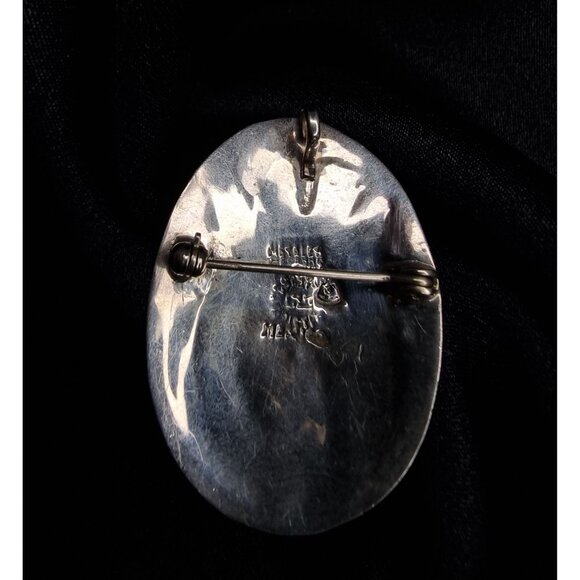 Vintage 925 Sterling Silver Mexican Brooch Pendant With Inlaid Turquoise & Coppe - Picture 5 of 5